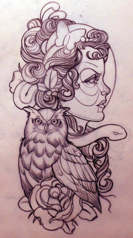 Gypsy Face With Owl And Rose Tattoo Stencil By Emily Rose Murray