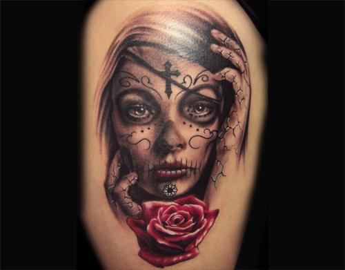 Gypsy Face With Red Rose Tattoo Design