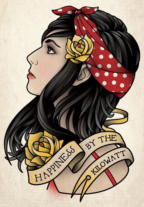 Gypsy With Banner And Yellow Roses Tattoo Design