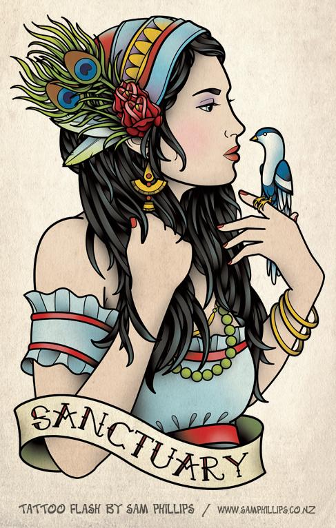 Gypsy With Bird And Banner Tattoo Design