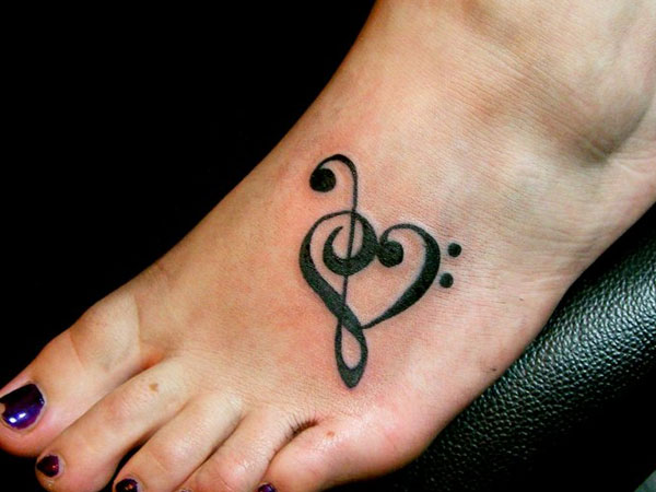 Heart Violin Key Tattoo On Girl Left Foot