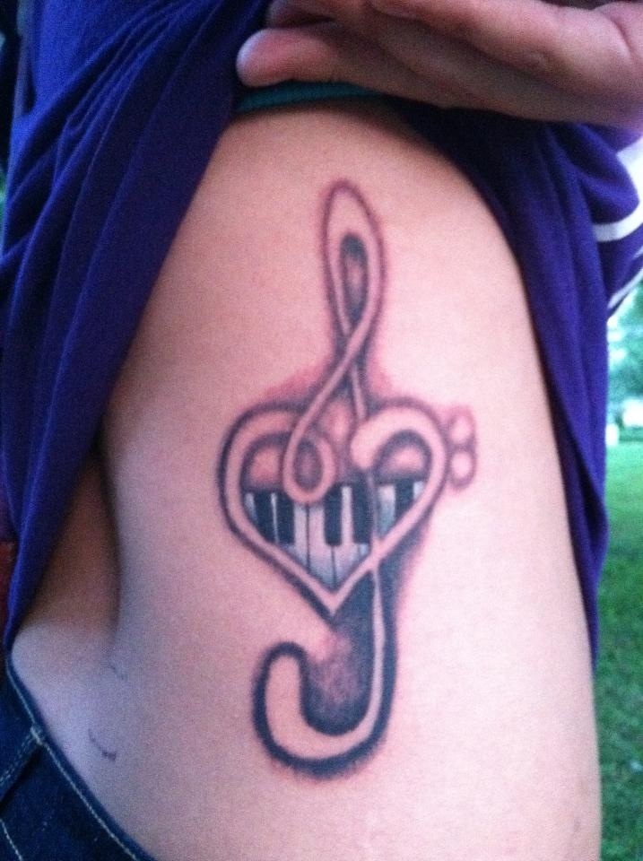 Heart Violin Key Tattoo On Rib Side