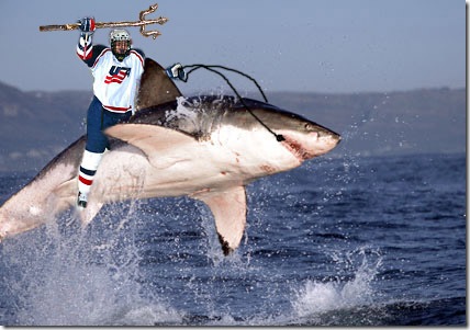 Hockey Player On Shark Fish With Trident Funny Picture