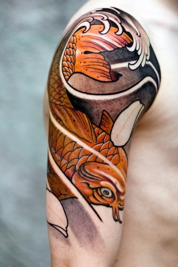 Japanese Koi Fish Tattoo On Man Right Shoulder