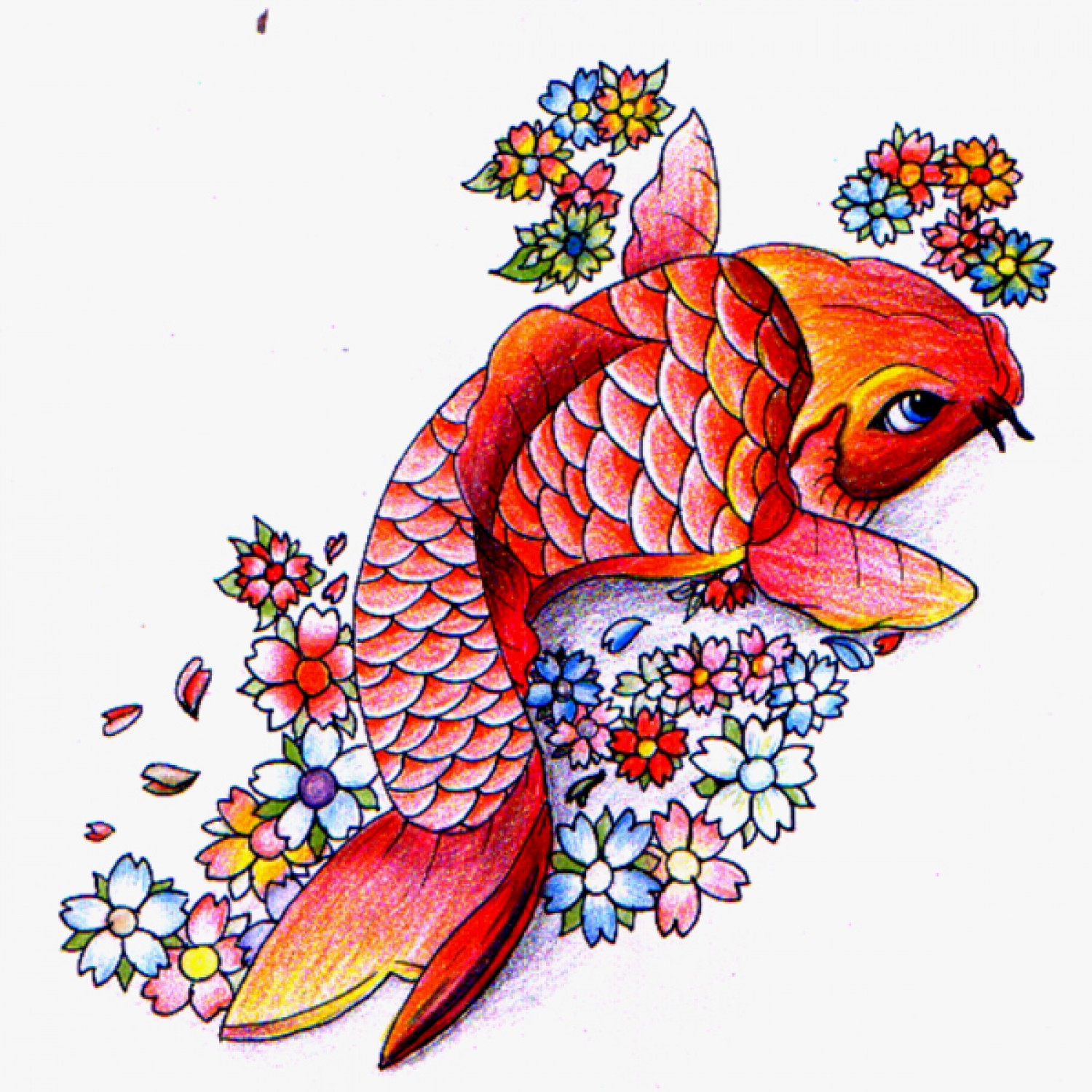 Koi Fish With Colorful Flowers Tattoo Design