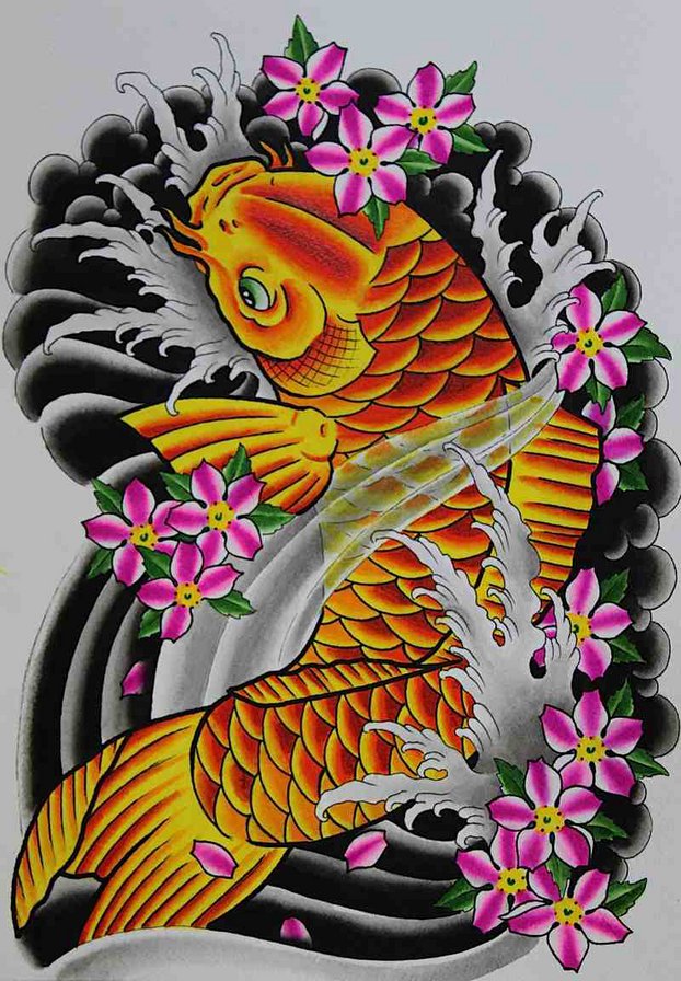 Koi Fish With Flowers Tattoo Design