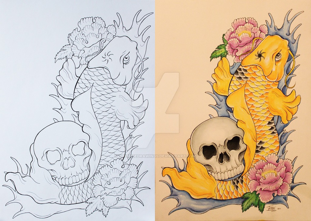 Koi Fish With Skull And Flower Tattoo Design By Therese