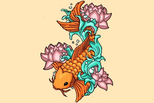 Koi Fish With Three Lotus Flower Tattoo Design