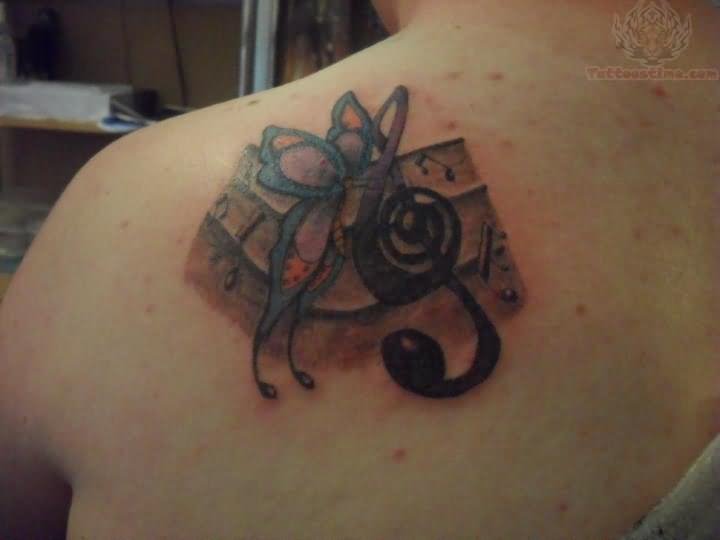 Left Back Shoulder Violin Key Tattoo For Women