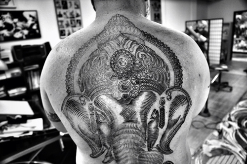 Lord Ganesha Head Tattoo On Man Full Back