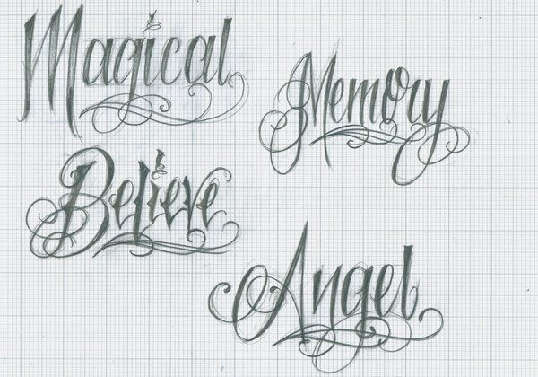 Magical Memory Believe Angel Lettering Tattoo Design