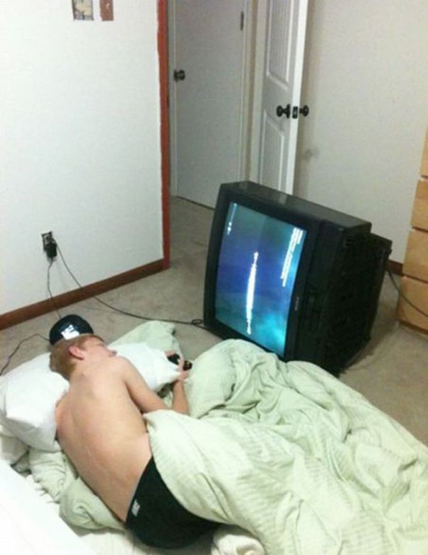 Man Sleeping While Watching TV Funny Lazy Picture