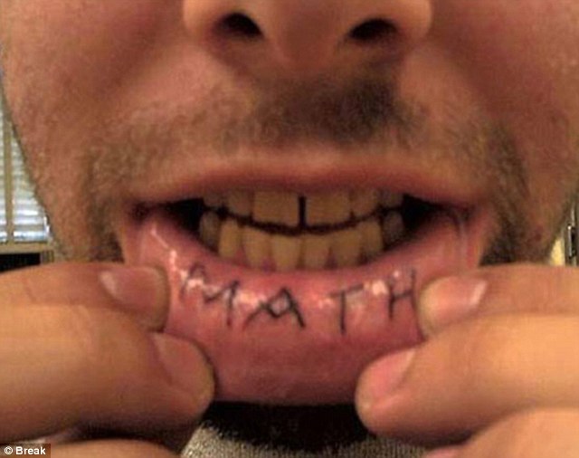 Math Lettering Tattoo On Man Inner Lip