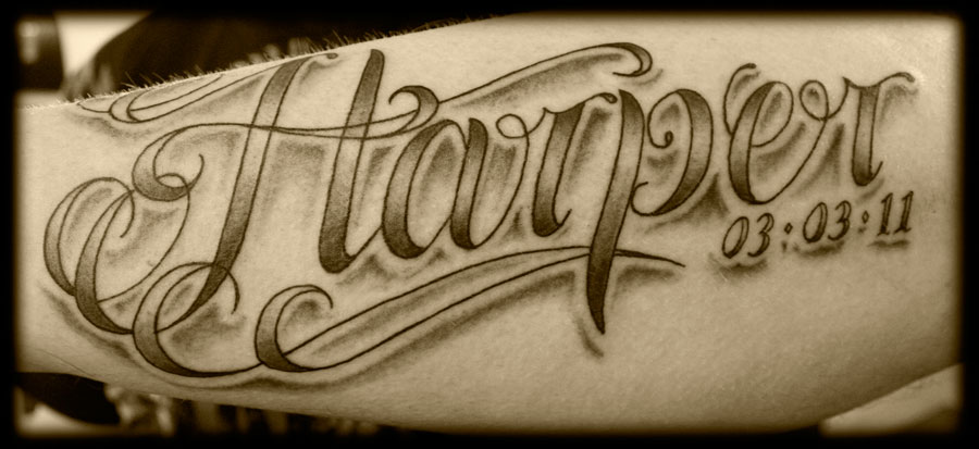 Memorial Harper Lettering Tattoo Design For Forearm