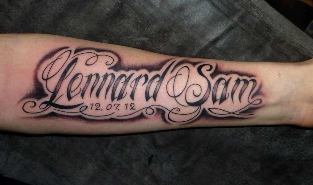 Memorial Lennard Sam Lettering Tattoo On Forearm
