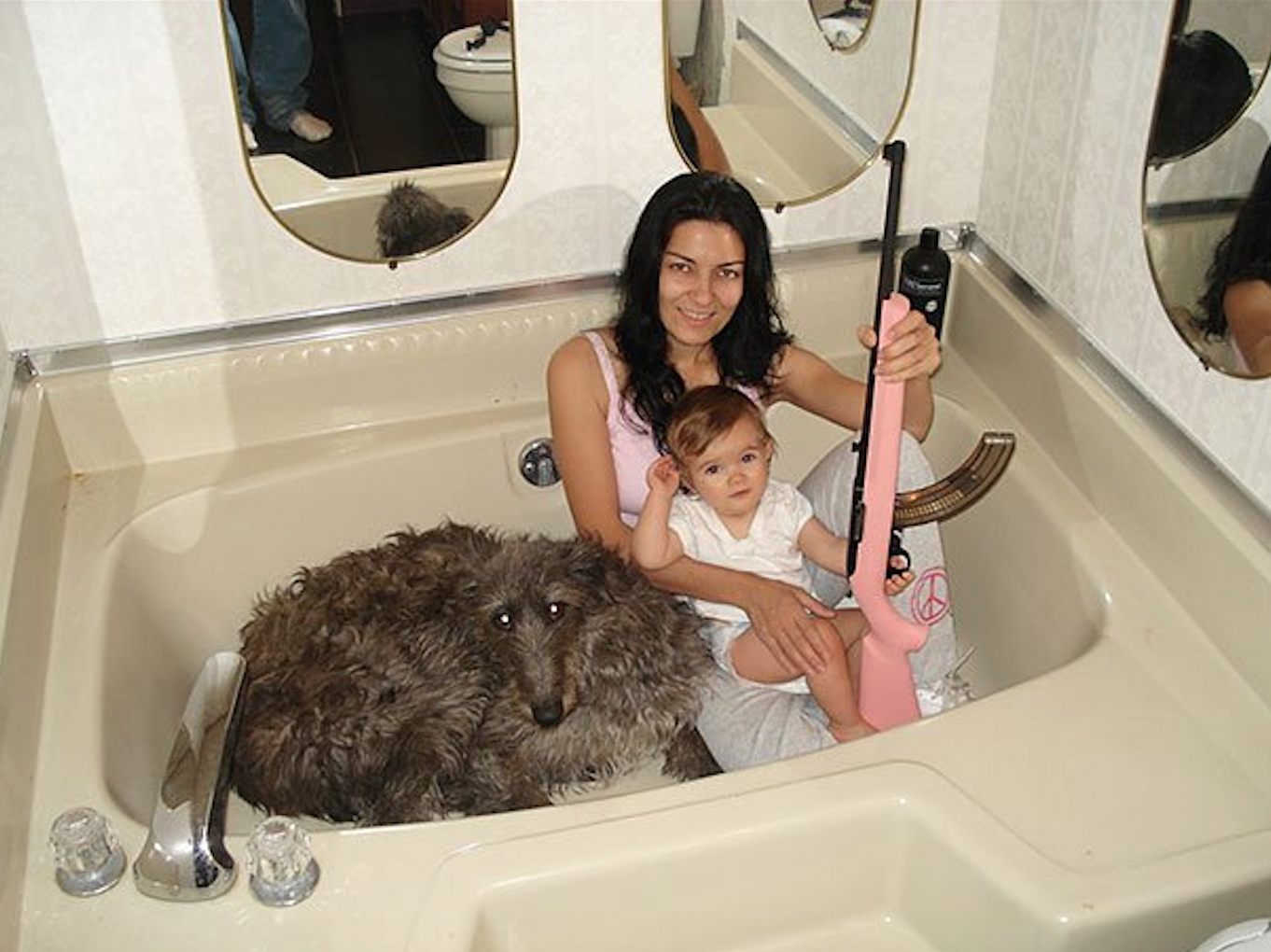 Mom, Baby And Animal In Bath Tub Funny Nonsense Image