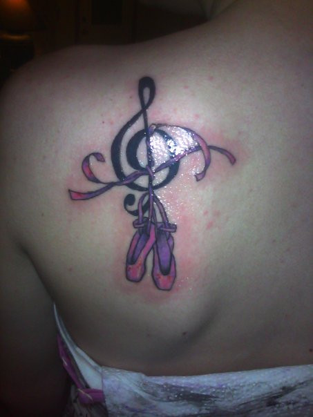 Music Violin Key Tattoo On Left Back Shoulder