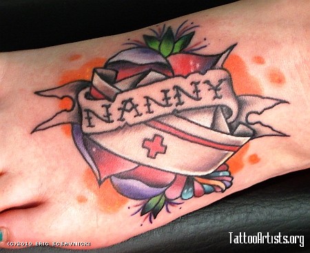 Nurse Cap With Banner Tattoo On Foot