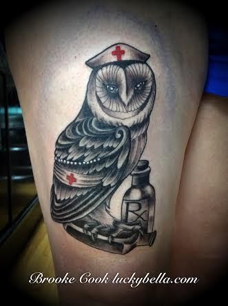 Nurse Hat On Owl Head Tattoo On Thigh