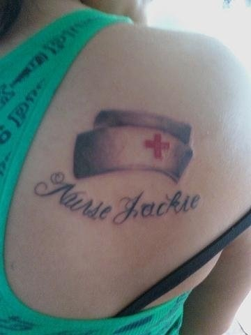 Nurse Hat Tattoo On Girl Right Back Shoulder