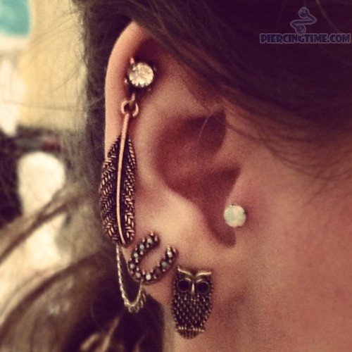 Owl Stud Ear Lobe And Right Ear Feather Piercing For Girls