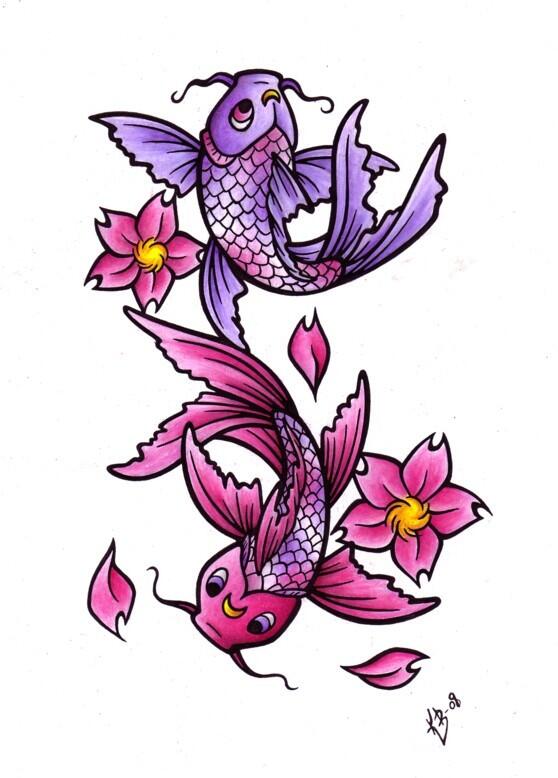 Pink And Purple Two Koi Fishes Tattoo Design