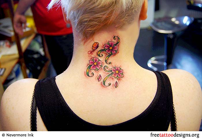 Pink Cherry Blossom Tattoo On Women Back Neck