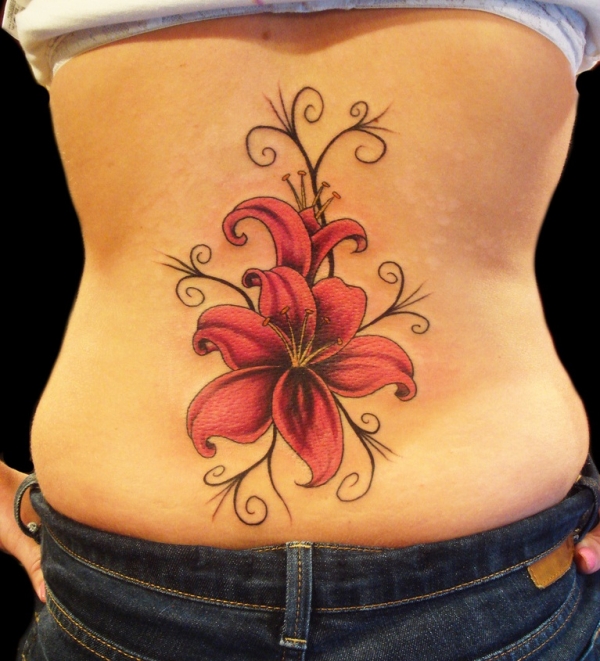 Pink Lily Flower Tattoo On Girl Back