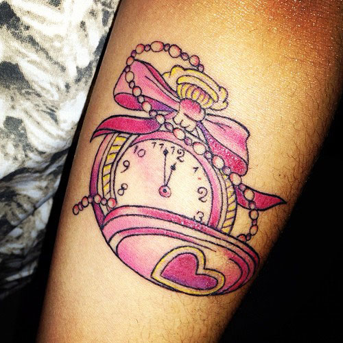 Pink Pocket Watch With Bow Tattoo Design