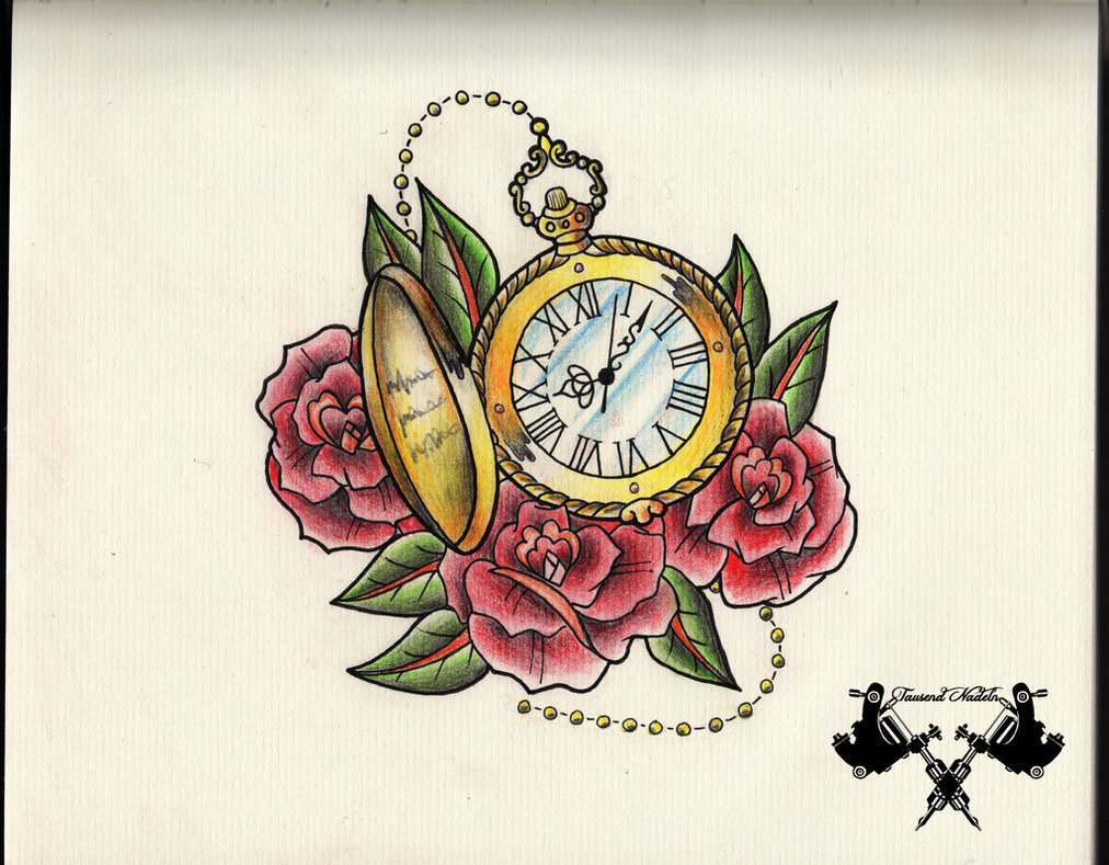 Pocket Watch With Three Roses Tattoo Design By Tausend Nadeln