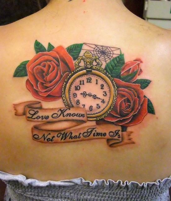 Pocket Watch With Two Red Roses And Banner Tattoo On Upper Back