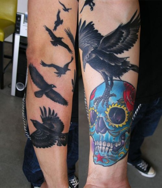 Raven On Colorful Skull Tattoo On Forearm