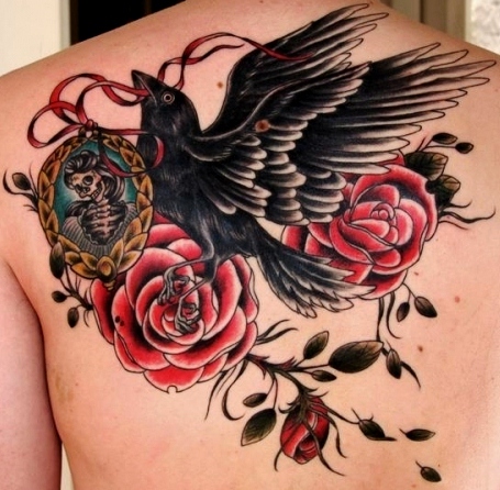 Raven With Red Roses Tattoo On Upper Back