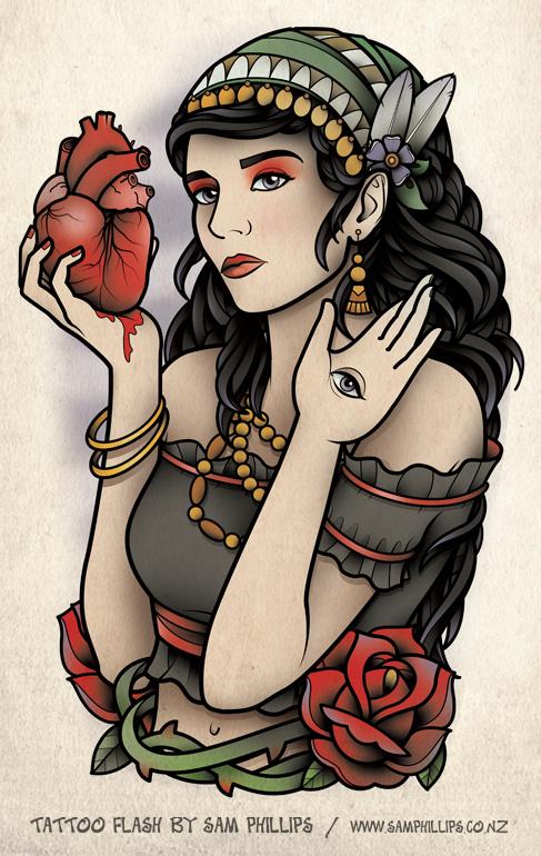 Real Heart In Gypsy Hand With Roses Tattoo Design By Sam Phillips