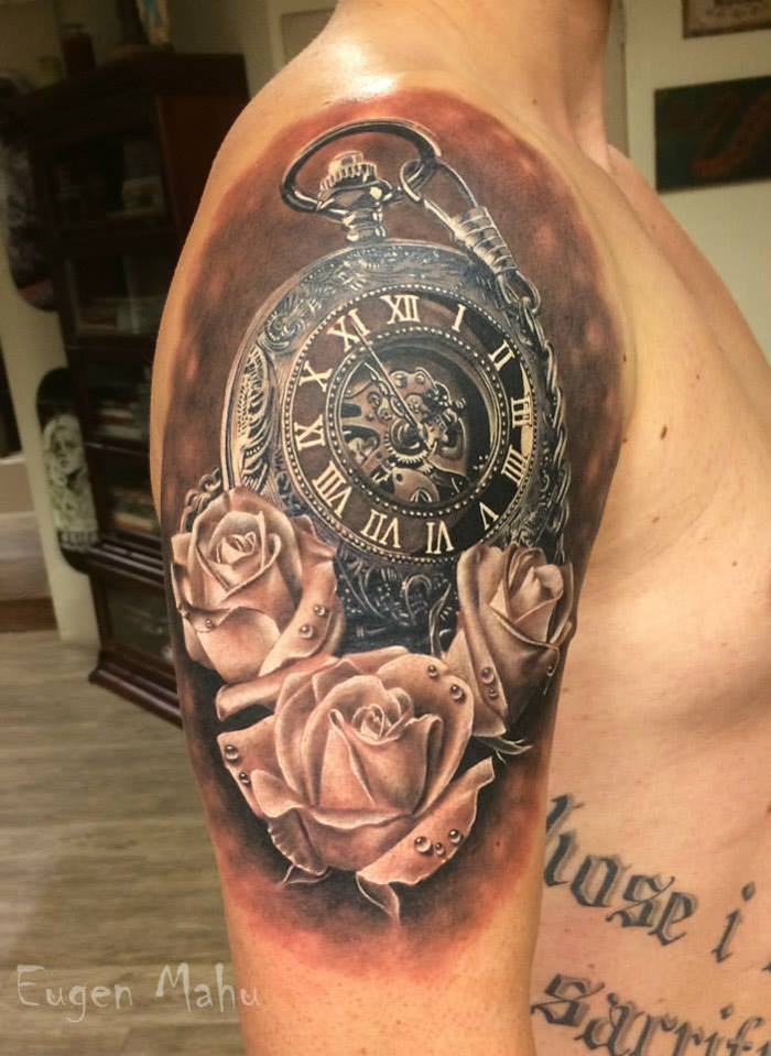 Realistic Pocket Watch With Roses Tattoo On Man Right Shoulder