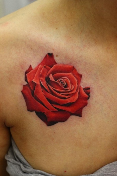 Realistic Red Rose Tattoo On Right Front Shoulder