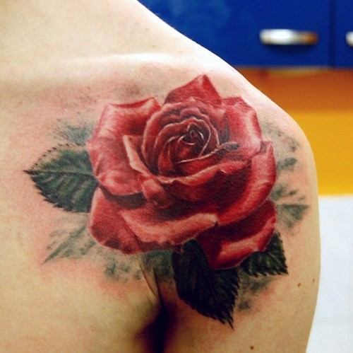 Realistic Red Rose Tattoo On Shoulder
