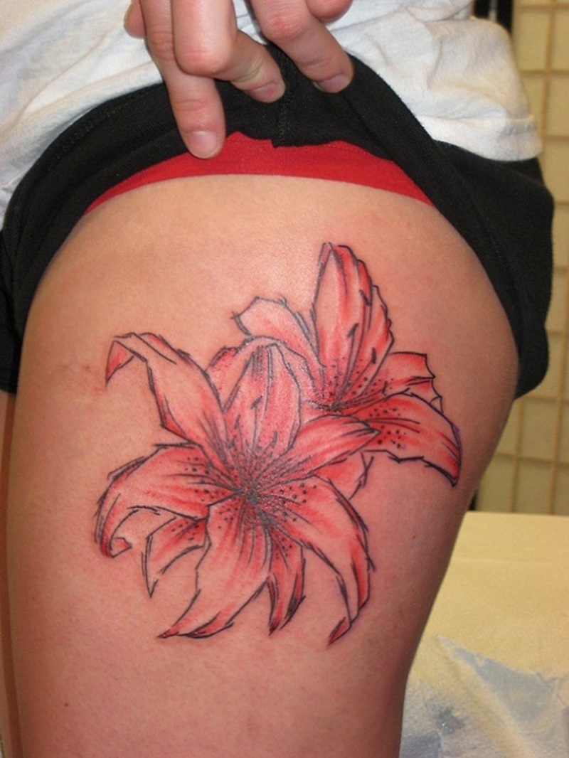 Red And Black Lily Flowers Tattoo On Side Thigh