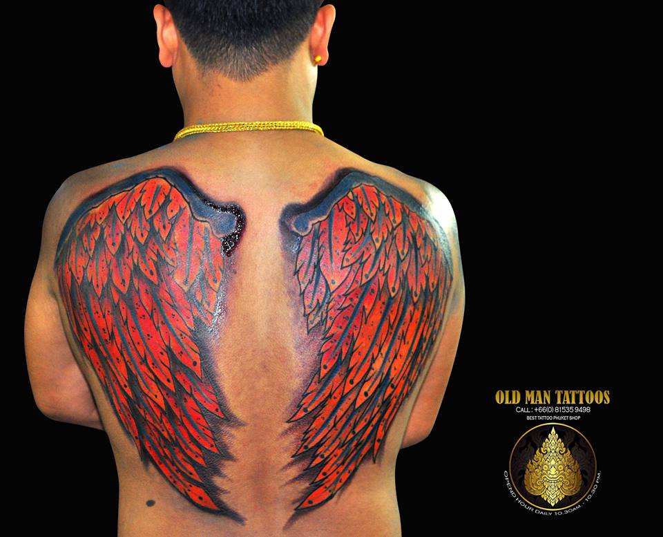Red And Black Wings Tattoo On Man Full Back