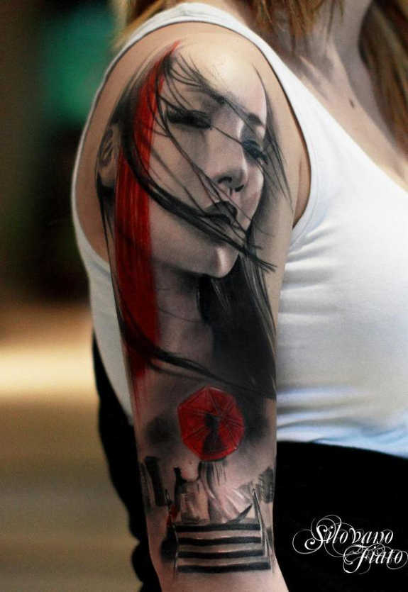 Red And Black Women Face Tattoo On Women Half Sleeve By Silvano Fiato