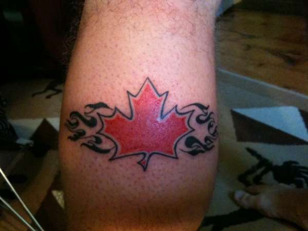 Red Maple Leaf Tattoo On Leg Calf