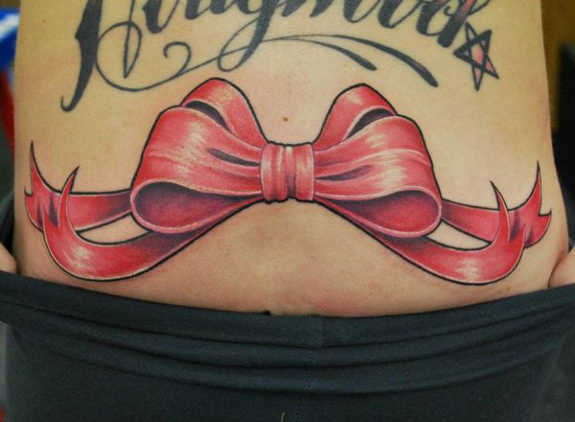 Red Ribbon Bow Tattoo Design For Lower Back