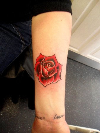 Red Rose Tattoo On Forearm