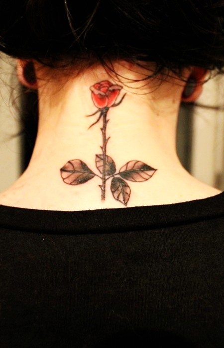 Red Rose Tattoo On Girl Back Neck