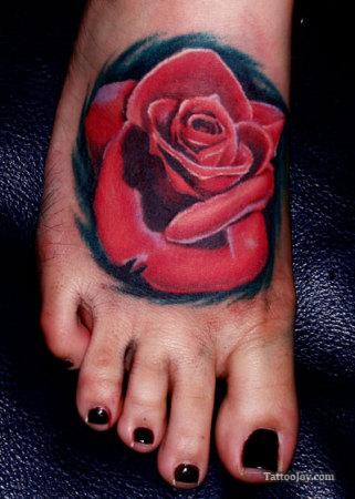 Red Rose Tattoo On Girl Right Foot