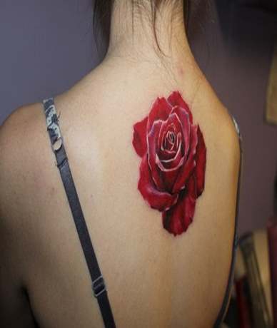 Red Rose Tattoo On Girl Upper Back