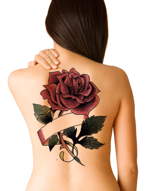 Red Rose With Ribbon Tattoo On Girl Full Back