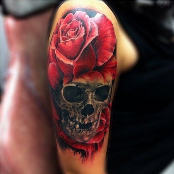 Red Rose With Skull Tattoo On Right Half Sleeve