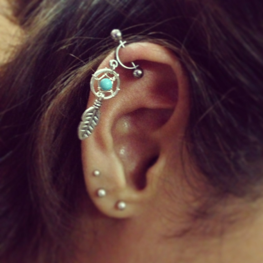 Right Ear Triple Lobe Piercing For Girls And Feather Dreamcatcher Cartilage Piercing