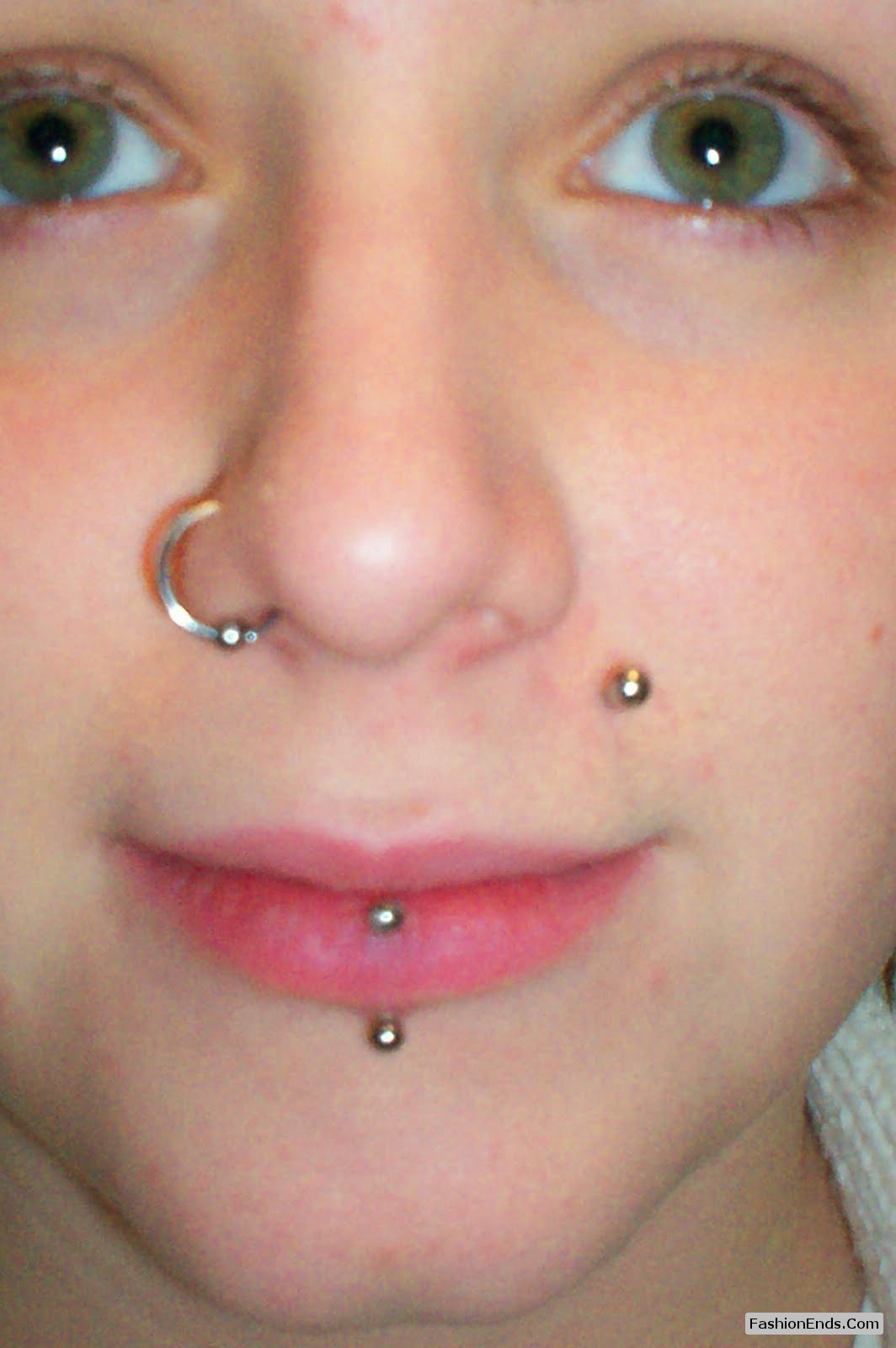 Right Nostril And Vertical Lip Face Piercing For Girls